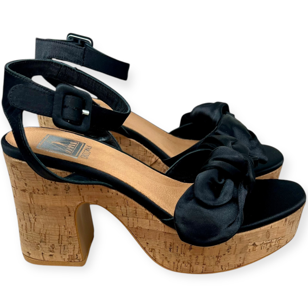 NWT Crosswalk Fauver Cork Wedge Heels Black Satin Bow Block Sandals Size 39 8.5 - Picture 3 of 7
